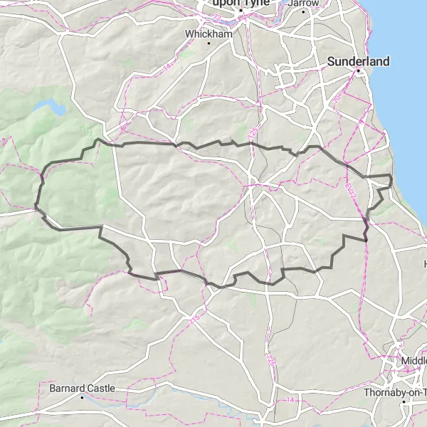 Map miniature of "Durham Heritage Tour" cycling inspiration in Tees Valley and Durham, United Kingdom. Generated by Tarmacs.app cycling route planner