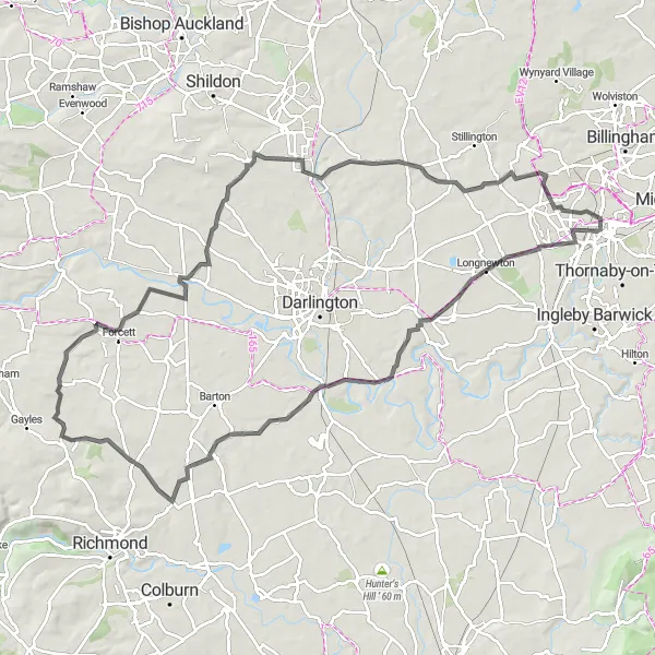 Map miniature of "The Road Challenge" cycling inspiration in Tees Valley and Durham, United Kingdom. Generated by Tarmacs.app cycling route planner