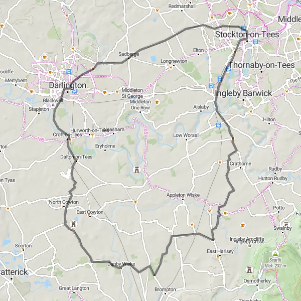 Map miniature of "Yarm to Great Burdon Loop" cycling inspiration in Tees Valley and Durham, United Kingdom. Generated by Tarmacs.app cycling route planner