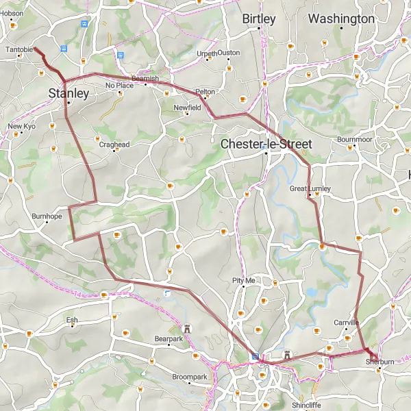 Map miniature of "Iconic Landmarks and Scenic Gravel Routes" cycling inspiration in Tees Valley and Durham, United Kingdom. Generated by Tarmacs.app cycling route planner