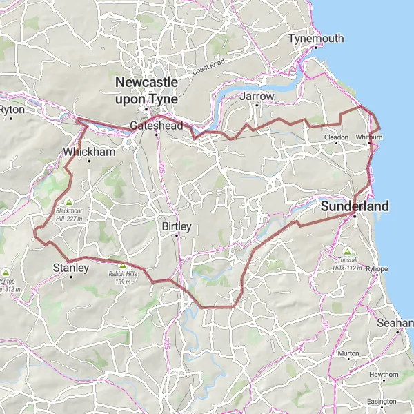 Map miniature of "The Tyne and Wear Gravel Adventure" cycling inspiration in Tees Valley and Durham, United Kingdom. Generated by Tarmacs.app cycling route planner