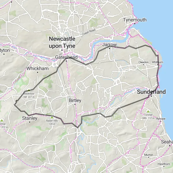 Map miniature of "The Castles and Hills of Tyne and Wear" cycling inspiration in Tees Valley and Durham, United Kingdom. Generated by Tarmacs.app cycling route planner