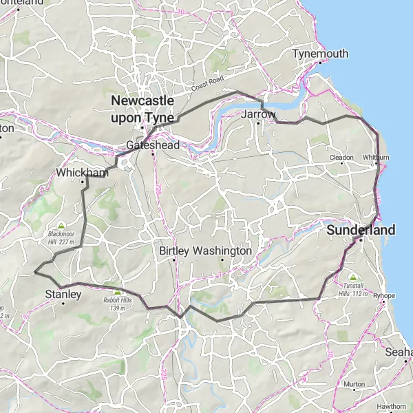 Map miniature of "Coastal Escape" cycling inspiration in Tees Valley and Durham, United Kingdom. Generated by Tarmacs.app cycling route planner