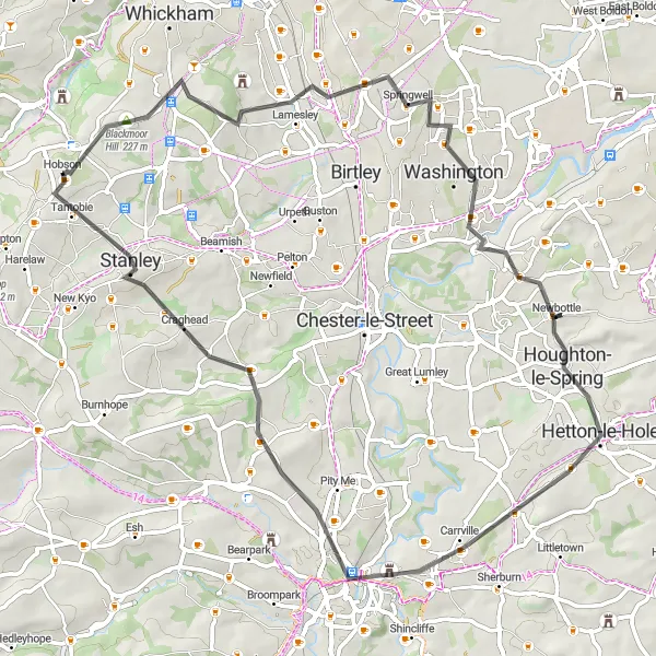 Map miniature of "The Durham Hills Cycling Adventure" cycling inspiration in Tees Valley and Durham, United Kingdom. Generated by Tarmacs.app cycling route planner