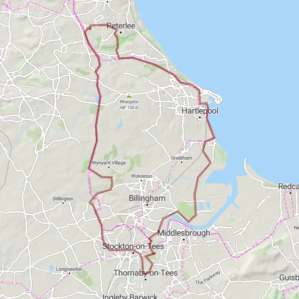Map miniature of "Gravel Adventure: Stockton-on-Tees to Portrack" cycling inspiration in Tees Valley and Durham, United Kingdom. Generated by Tarmacs.app cycling route planner