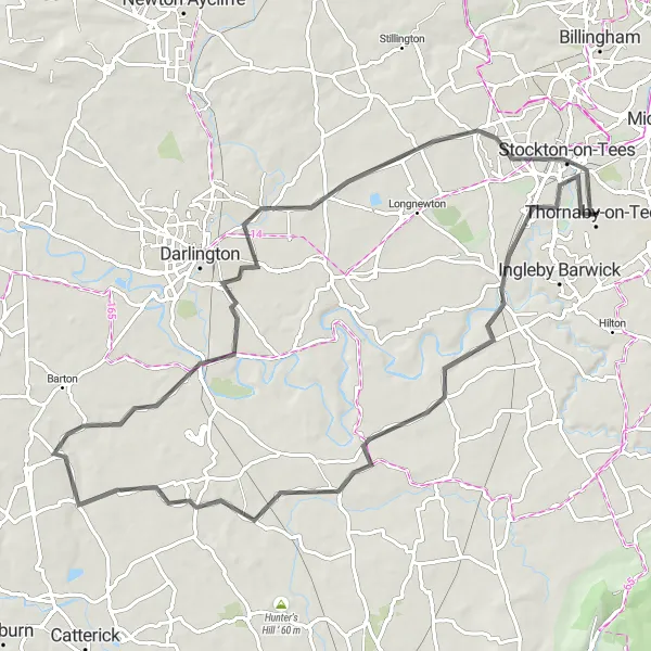 Map miniature of "Scenic Ride via Yarm and Stockton-on-Tees" cycling inspiration in Tees Valley and Durham, United Kingdom. Generated by Tarmacs.app cycling route planner