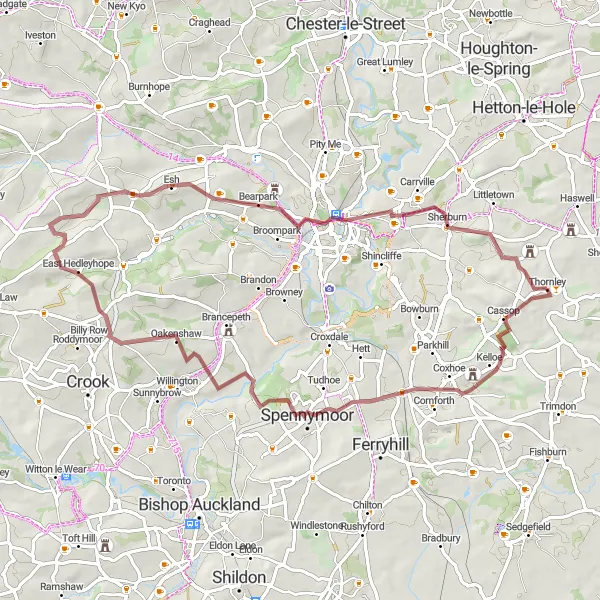 Map miniature of "Oakenshaw and Observatory Hill Gravel Route" cycling inspiration in Tees Valley and Durham, United Kingdom. Generated by Tarmacs.app cycling route planner