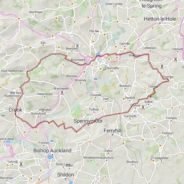 Map miniature of "Ushaw Moor and Observatory Hill Gravel Route" cycling inspiration in Tees Valley and Durham, United Kingdom. Generated by Tarmacs.app cycling route planner