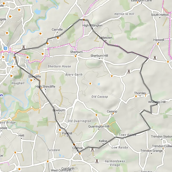 Map miniature of "Town Kelloe and Ludworth Road Route" cycling inspiration in Tees Valley and Durham, United Kingdom. Generated by Tarmacs.app cycling route planner