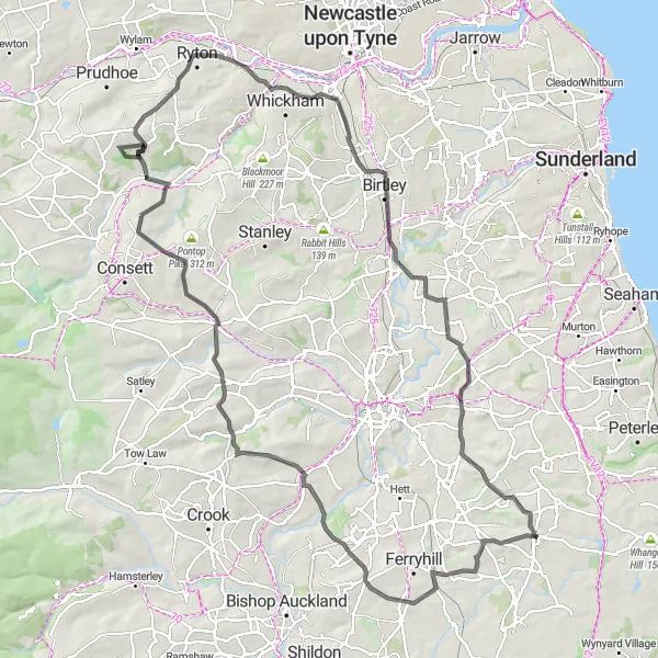 Map miniature of "Trimdon and Ferryhill Station Road Loop" cycling inspiration in Tees Valley and Durham, United Kingdom. Generated by Tarmacs.app cycling route planner