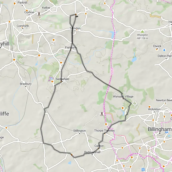Map miniature of "Wynyard Village Loop" cycling inspiration in Tees Valley and Durham, United Kingdom. Generated by Tarmacs.app cycling route planner