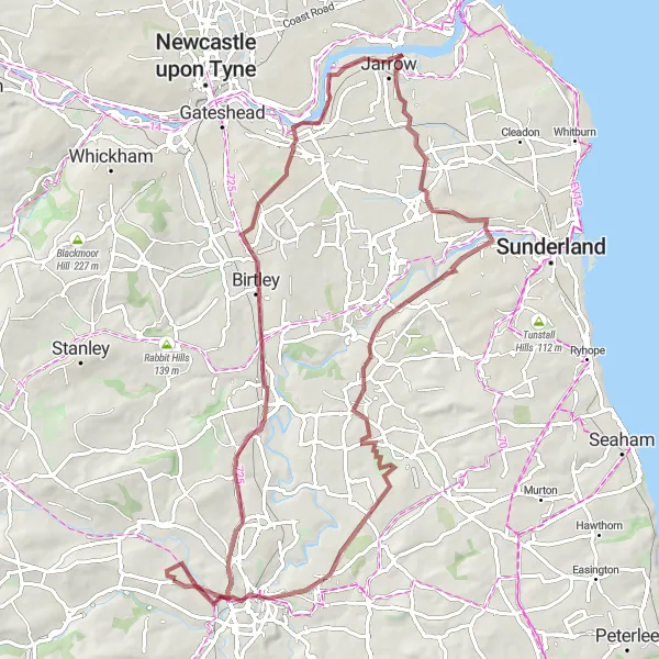 Map miniature of "Scenic Gravel Route: Pity Me to Penshaw Hill" cycling inspiration in Tees Valley and Durham, United Kingdom. Generated by Tarmacs.app cycling route planner