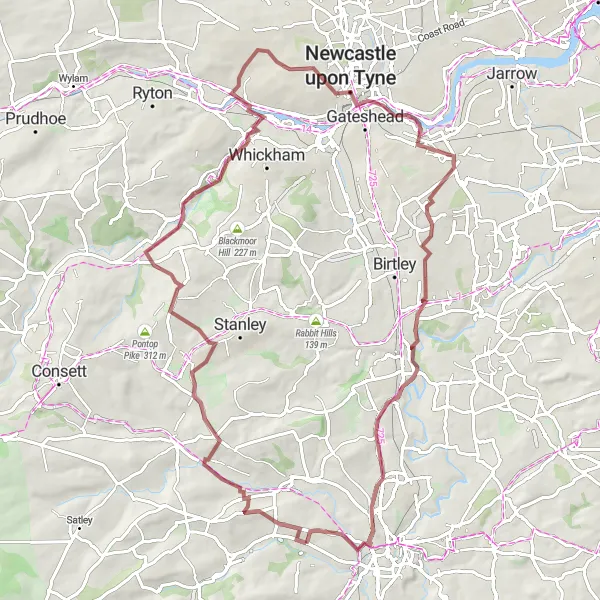 Map miniature of "Ushaw Moor and Springwell Gravel Loop" cycling inspiration in Tees Valley and Durham, United Kingdom. Generated by Tarmacs.app cycling route planner