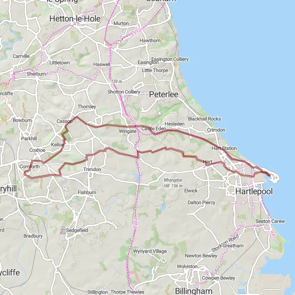 Map miniature of "Gravel Adventure: West Cornforth Loop" cycling inspiration in Tees Valley and Durham, United Kingdom. Generated by Tarmacs.app cycling route planner