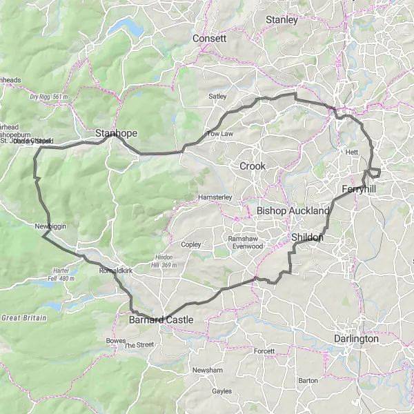 Map miniature of "Challenging Road Cycling: West Cornforth Circuit" cycling inspiration in Tees Valley and Durham, United Kingdom. Generated by Tarmacs.app cycling route planner