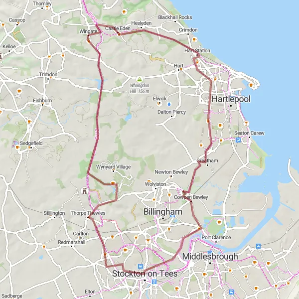 Map miniature of "Wingate to Stockton-on-Tees via Greatham" cycling inspiration in Tees Valley and Durham, United Kingdom. Generated by Tarmacs.app cycling route planner