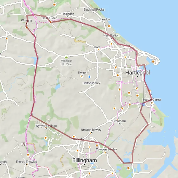 Map miniature of "Wingate to Hartlepool Gravel Route" cycling inspiration in Tees Valley and Durham, United Kingdom. Generated by Tarmacs.app cycling route planner