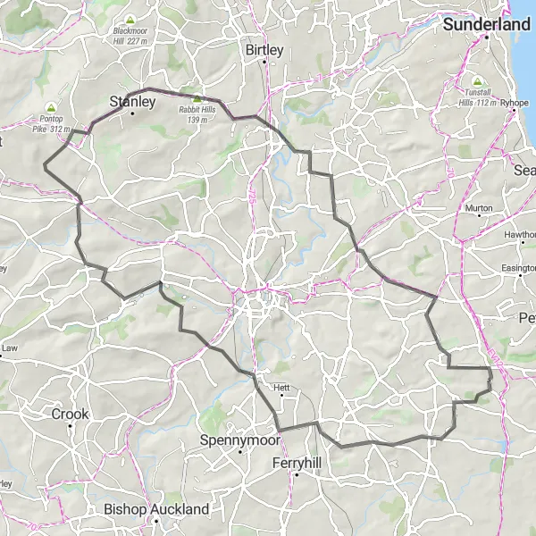 Map miniature of "Trimdon Loop Road Route" cycling inspiration in Tees Valley and Durham, United Kingdom. Generated by Tarmacs.app cycling route planner