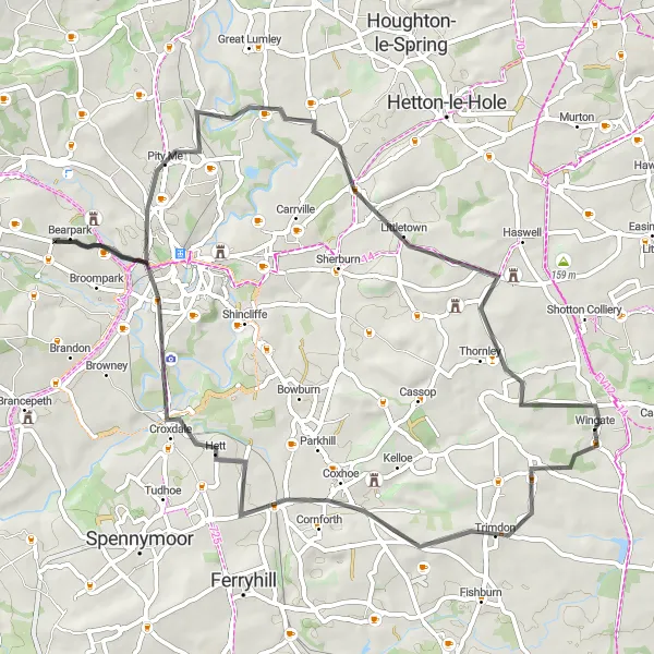 Map miniature of "Wingate to West Rainton Road Route" cycling inspiration in Tees Valley and Durham, United Kingdom. Generated by Tarmacs.app cycling route planner