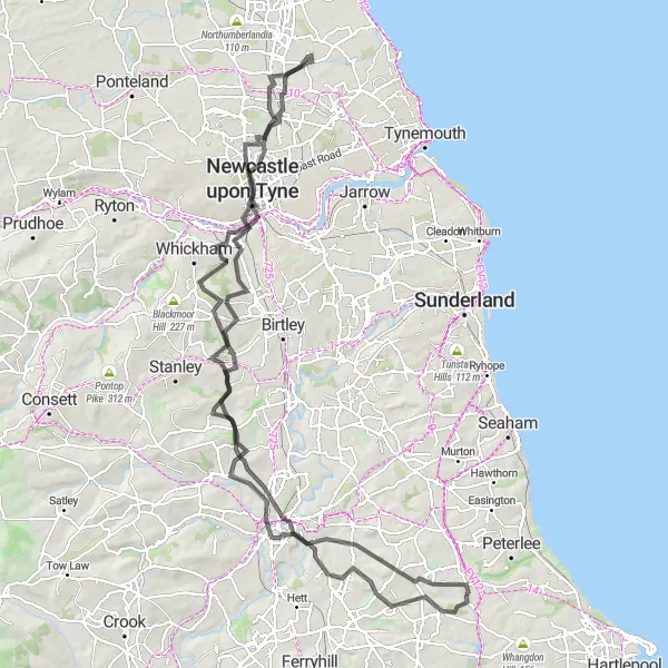 Map miniature of "The Durham to Newcastle Epic Road Challenge" cycling inspiration in Tees Valley and Durham, United Kingdom. Generated by Tarmacs.app cycling route planner