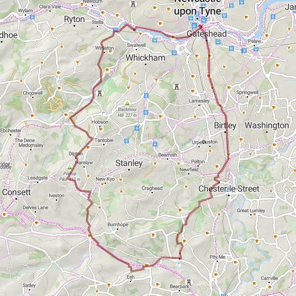 Map miniature of "Pontop Pike Exploration" cycling inspiration in Tees Valley and Durham, United Kingdom. Generated by Tarmacs.app cycling route planner