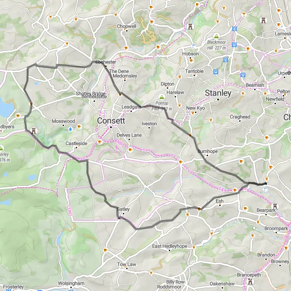 Map miniature of "The Weardale Challenge" cycling inspiration in Tees Valley and Durham, United Kingdom. Generated by Tarmacs.app cycling route planner