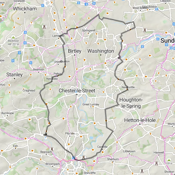 Map miniature of "Pelton Hills Loop" cycling inspiration in Tees Valley and Durham, United Kingdom. Generated by Tarmacs.app cycling route planner