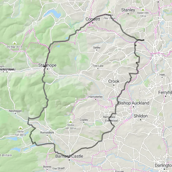 Map miniature of "The Dales Adventure" cycling inspiration in Tees Valley and Durham, United Kingdom. Generated by Tarmacs.app cycling route planner