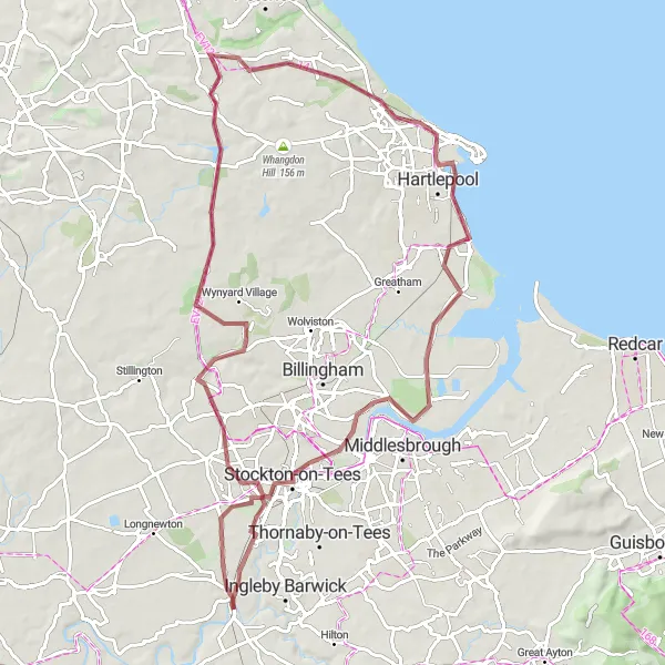 Map miniature of "Wynyard Gravel Adventure" cycling inspiration in Tees Valley and Durham, United Kingdom. Generated by Tarmacs.app cycling route planner