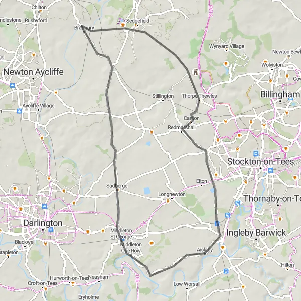 Map miniature of "Sadberge Loop" cycling inspiration in Tees Valley and Durham, United Kingdom. Generated by Tarmacs.app cycling route planner