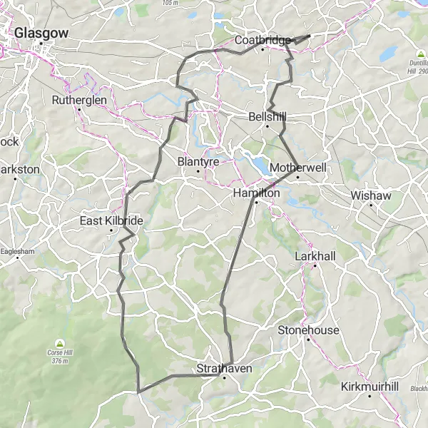 Map miniature of "Airdrie Circuit" cycling inspiration in West Central Scotland, United Kingdom. Generated by Tarmacs.app cycling route planner