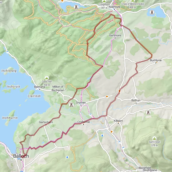 Map miniature of "The Loch Lomond and Trossachs Gravel Adventure" cycling inspiration in West Central Scotland, United Kingdom. Generated by Tarmacs.app cycling route planner