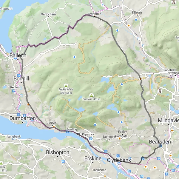 Map miniature of "The Clyde Waterfront Road Cycling Tour" cycling inspiration in West Central Scotland, United Kingdom. Generated by Tarmacs.app cycling route planner