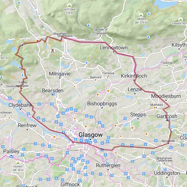 Map miniature of "Bargeddie Gravel Adventure" cycling inspiration in West Central Scotland, United Kingdom. Generated by Tarmacs.app cycling route planner
