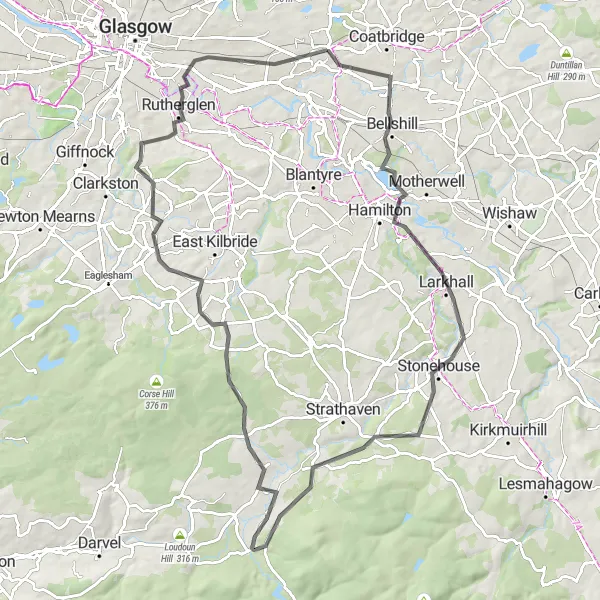 Map miniature of "Bargeddie to Carmunnock Challenge" cycling inspiration in West Central Scotland, United Kingdom. Generated by Tarmacs.app cycling route planner