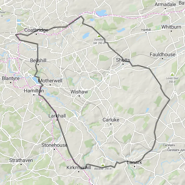 Map miniature of "Bargeddie to Lanark Adventure" cycling inspiration in West Central Scotland, United Kingdom. Generated by Tarmacs.app cycling route planner