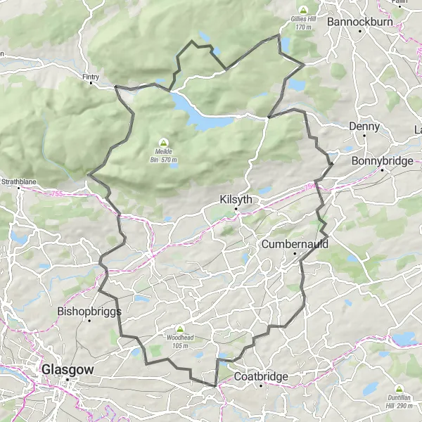 Map miniature of "Bargeddie Hills Challenge" cycling inspiration in West Central Scotland, United Kingdom. Generated by Tarmacs.app cycling route planner