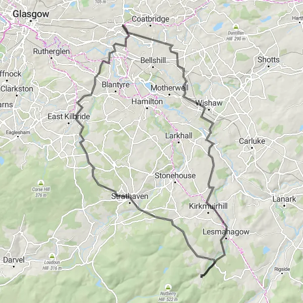 Map miniature of "Bargeddie to The Mount" cycling inspiration in West Central Scotland, United Kingdom. Generated by Tarmacs.app cycling route planner