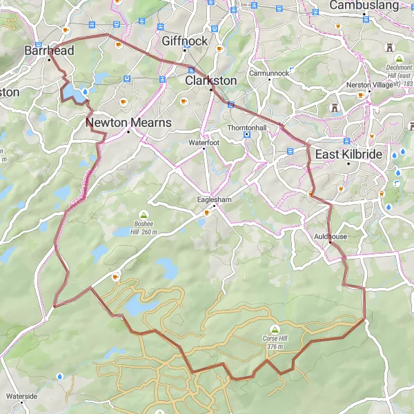 Map miniature of "Barrhead to Netherplace Loop" cycling inspiration in West Central Scotland, United Kingdom. Generated by Tarmacs.app cycling route planner