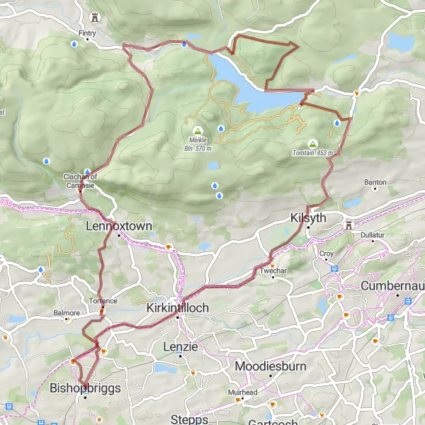 Map miniature of "Torrance and Cairnoch Hill Gravel Ride" cycling inspiration in West Central Scotland, United Kingdom. Generated by Tarmacs.app cycling route planner