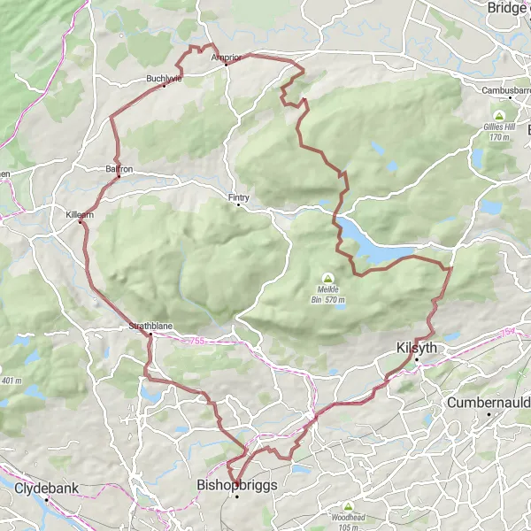 Map miniature of "Heart-pounding Gravel Adventure through Balfron and Kilsyth" cycling inspiration in West Central Scotland, United Kingdom. Generated by Tarmacs.app cycling route planner