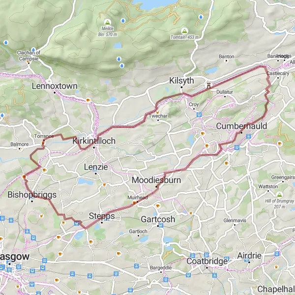 Map miniature of "Bishopbriggs Torrance Exploration" cycling inspiration in West Central Scotland, United Kingdom. Generated by Tarmacs.app cycling route planner