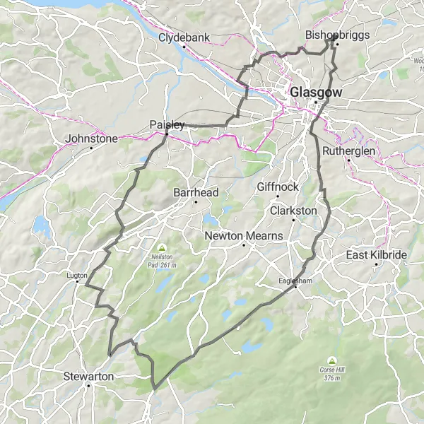 Map miniature of "Thorntonhall Hills" cycling inspiration in West Central Scotland, United Kingdom. Generated by Tarmacs.app cycling route planner
