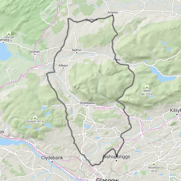 Map miniature of "Bearsden Circuit" cycling inspiration in West Central Scotland, United Kingdom. Generated by Tarmacs.app cycling route planner