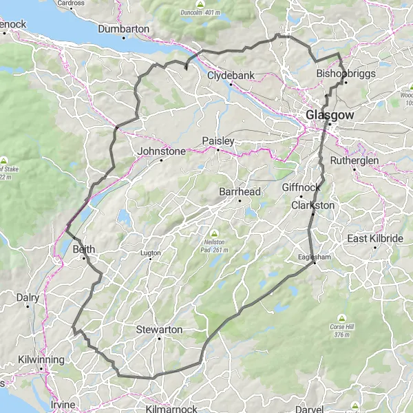 Map miniature of "Bishopbriggs Cunninghamhead Circuit" cycling inspiration in West Central Scotland, United Kingdom. Generated by Tarmacs.app cycling route planner