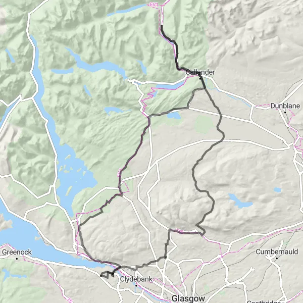 Map miniature of "The Trossachs Adventure" cycling inspiration in West Central Scotland, United Kingdom. Generated by Tarmacs.app cycling route planner