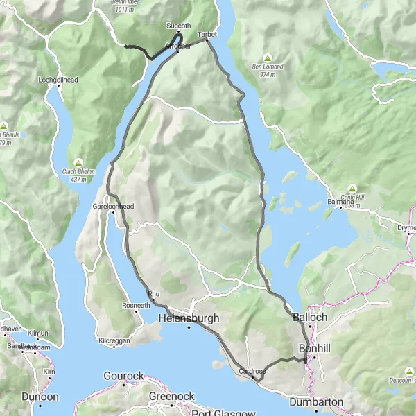 Map miniature of "Renton to Alexandria Circuit" cycling inspiration in West Central Scotland, United Kingdom. Generated by Tarmacs.app cycling route planner