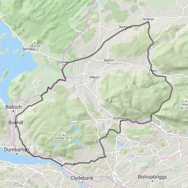 Map miniature of "Bonhill Loop" cycling inspiration in West Central Scotland, United Kingdom. Generated by Tarmacs.app cycling route planner