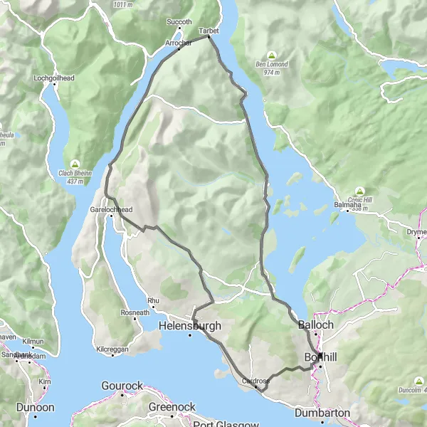 Map miniature of "Cardross Circuit" cycling inspiration in West Central Scotland, United Kingdom. Generated by Tarmacs.app cycling route planner