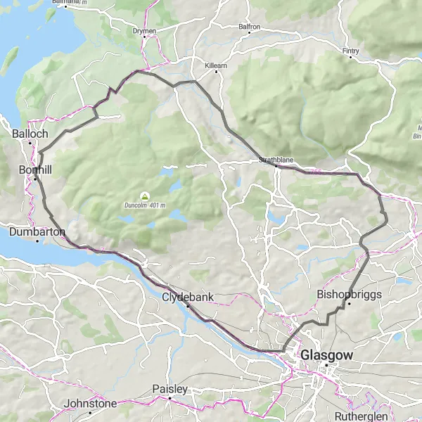 Map miniature of "Bonhill to Bellsmyre Loop" cycling inspiration in West Central Scotland, United Kingdom. Generated by Tarmacs.app cycling route planner